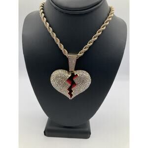 Iced Out Broken Heart Pendant Necklace Gold Tone Rope Chain Bling Fashion